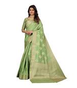 Green hand woven silk blend saree with blouse