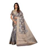 Grey hand woven silk blend saree with blouse