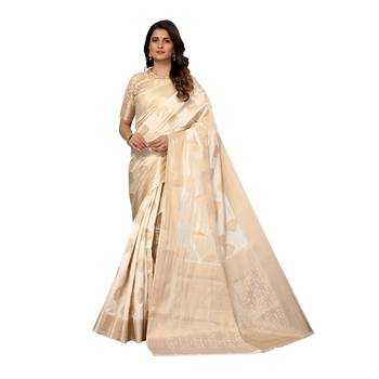 White hand woven silk blend saree with blouse 1