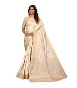 White hand woven silk blend saree with blouse