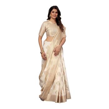 White hand woven silk blend saree with blouse 2