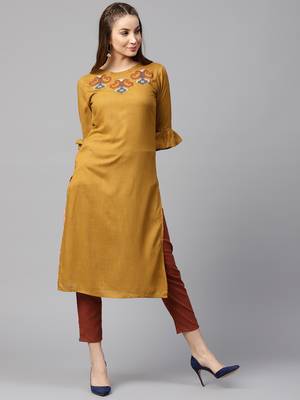 Mustard embroidered rayon kurti-trouser 1