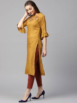 Mustard embroidered rayon kurti-trouser 3