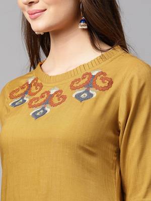 Mustard embroidered rayon kurti-trouser 4