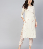 Off-white printed cotton kurti-trouser