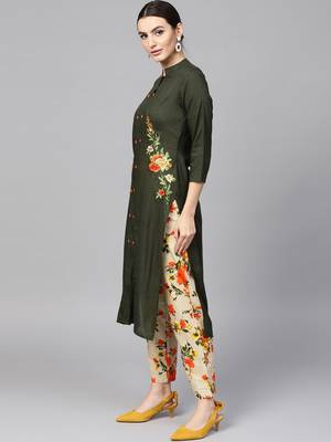 Green embroidered rayon kurta-suits 3