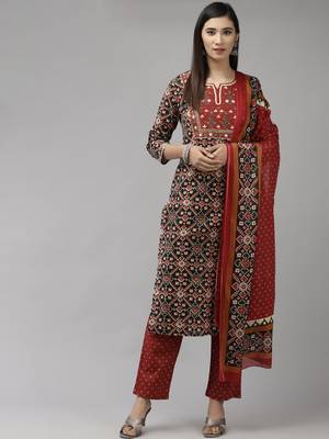 Red printed cotton kurta-suits 1
