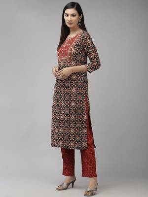 Red printed cotton kurta-suits 2