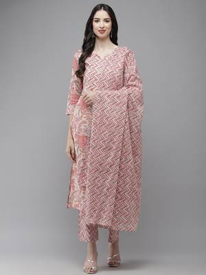 Pink printed cotton kurta-suits 1