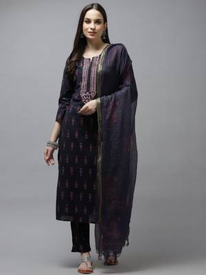 Navy-blue printed cotton kurta-suits 1