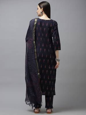 Navy-blue printed cotton kurta-suits 3