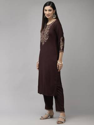Brown embroidered rayon kurta-suits 2