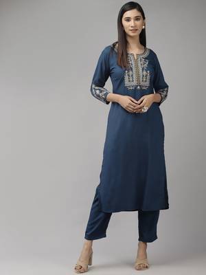 Teal-blue embroidered rayon palazzo-kurta 1