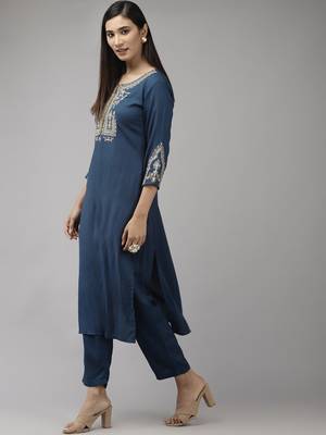 Teal-blue embroidered rayon palazzo-kurta 2