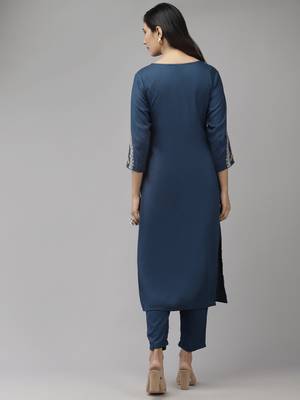 Teal-blue embroidered rayon palazzo-kurta 3