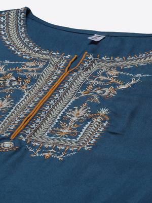 Teal-blue embroidered rayon palazzo-kurta 4