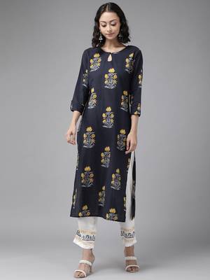 Navy-blue printed cotton palazzo-kurta 1