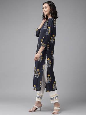 Navy-blue printed cotton palazzo-kurta 2