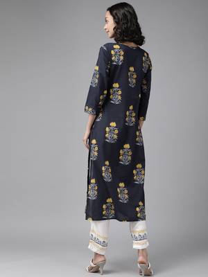 Navy-blue printed cotton palazzo-kurta 3