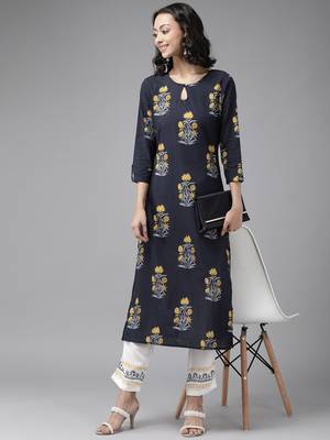 Navy-blue printed cotton palazzo-kurta 4