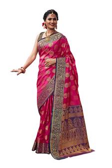 Pink woven banarasi silk saree with blouse