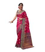 Pink woven banarasi silk saree with blouse