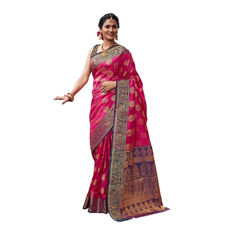 Pink woven banarasi silk saree with blouse