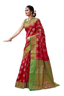 Red woven banarasi silk saree with blouse