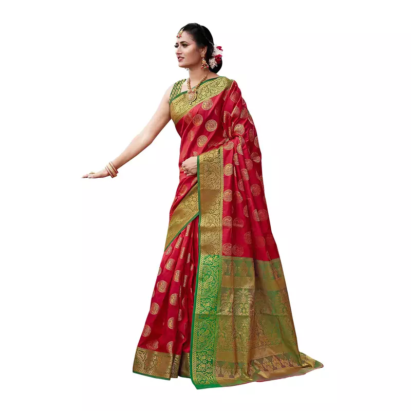 Red woven banarasi silk saree with blouse