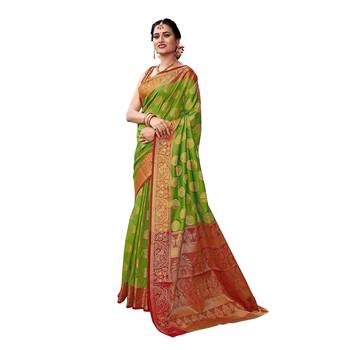 Green woven banarasi silk saree with blouse 1