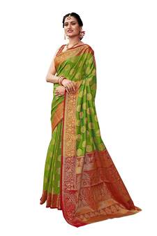 Green woven banarasi silk saree with blouse