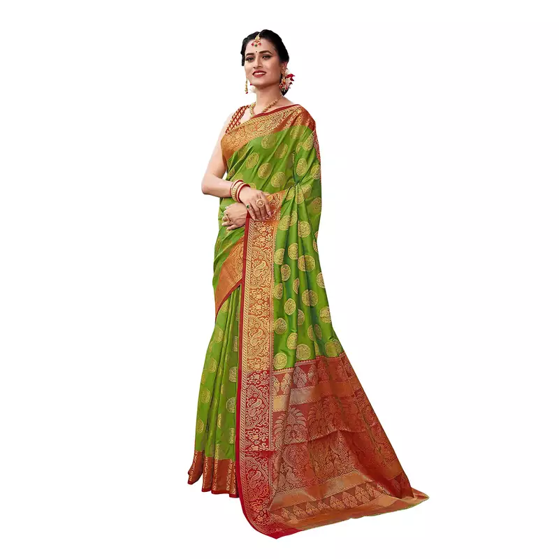 Green woven banarasi silk saree with blouse