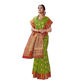 Green woven banarasi silk saree with blouse 2