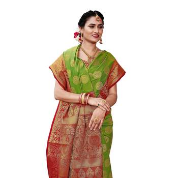 Green woven banarasi silk saree with blouse 3