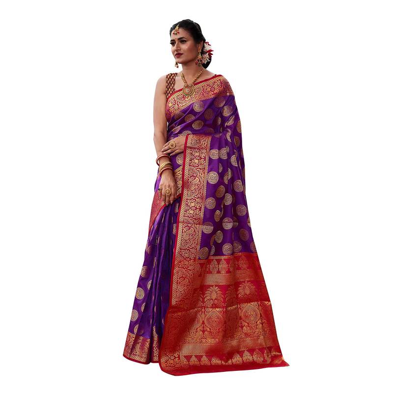 Purple woven banarasi silk saree with blouse