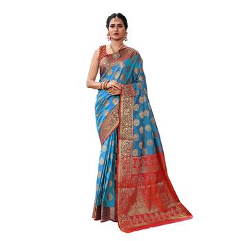 Green woven banarasi silk saree with blouse 1