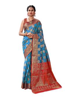 Green woven banarasi silk saree with blouse