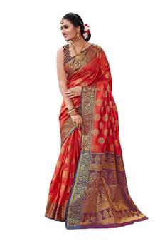 Red woven banarasi silk saree with blouse