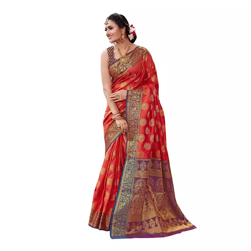 Red woven banarasi silk saree with blouse