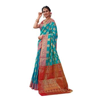 Green woven banarasi silk saree with blouse 1