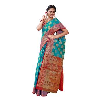 Green woven banarasi silk saree with blouse 2
