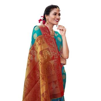 Green woven banarasi silk saree with blouse 3