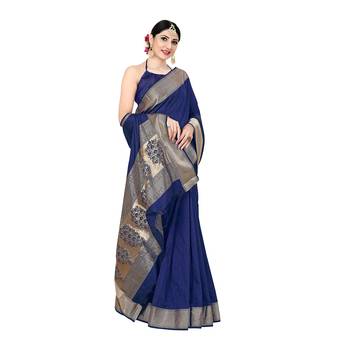 Blue woven banarasi silk saree with blouse 2