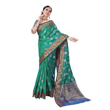 Green woven banarasi silk saree with blouse 1