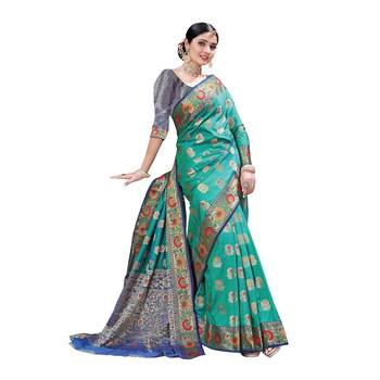 Green woven banarasi silk saree with blouse 2
