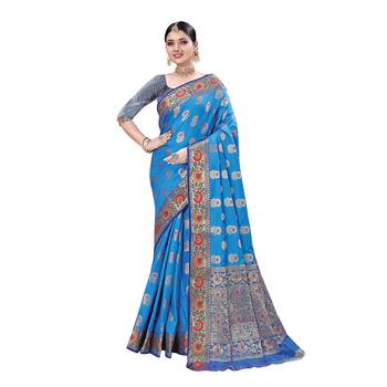 Blue woven banarasi silk saree with blouse 1
