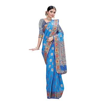 Blue woven banarasi silk saree with blouse 2