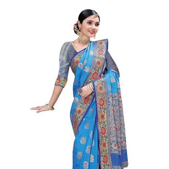 Blue woven banarasi silk saree with blouse 3