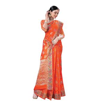 Orange woven banarasi silk saree with blouse 1