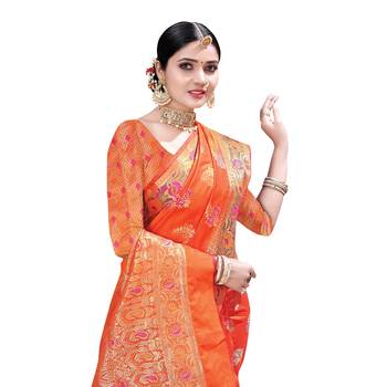 Orange woven banarasi silk saree with blouse 2